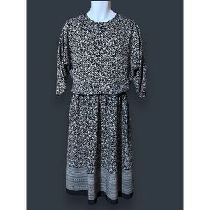 Vintage Starlo Dress Womens White Black Floral Blouson 80s 90s Midi Sz 10